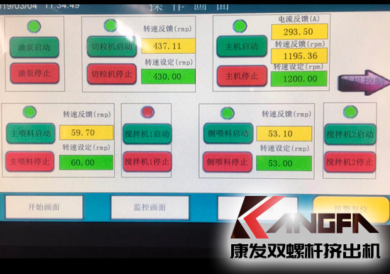 康发扬州客户选购的JSH-K系列75高扭水环切粒双螺杆挤出机开机